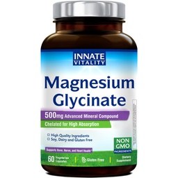 Kaasasündinud vitaalsus Magneesiumglütsinaat 500mg | 70mg Elementaarne magneesiumilisand- Suur imendumine, Puhverdamata, GMO-d ja gluteeni puudumine - Närvi, luu ja südame tervis - 60 Vegankapslit Magneesium