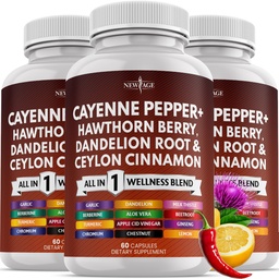 NEW AGE Cayenne Pepper Capsules Supplement with Hawthorn Berry, Dandelion Root, Ceylon Cinnamon, Garlic, Ginger, ACV, Milk Thistle, Beet Root, Aloe Vera - 180 Count