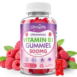 Vitamin B1 Gummies 500mg for Adults & Kids – High Potency Thiamine B1 Supplement for Energy & Nervous System Support, Sugar-Free, Raspberry Flavor, 60 Count