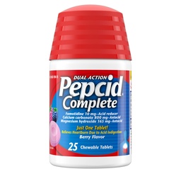 Pepcid Complete Acid Refluks + Antacid for Acid Refluks , 10 mg Famotidine , 800 mg Kaltsiumkarbonaat & 165 mg Magneesiumhüdroksiid kõrvetiste ravim Tablett , Antacid Chews , Berry , 25 ct