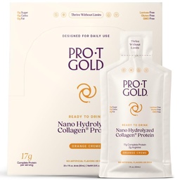 ProT Gold Liquid Collagen Protein Shot, 17 g Clear Protein Nano-Hydrolyzed Grass Fed Collagen, 2 g Arginine haavade toetuseks, Gluteenivaba, suhkruvaba, 0g Süsivesikud, Orange Creme, 1 fl oz, 24 Pack