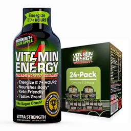 Vitamiini energia treening + ekstra tugevus energia Shot Hapu Apple 24 Pack, 260mg looduslik kofeiin, Pre-Workout, B-vitamiinid, mineraalid, vastupidavus ja jõudlus, null suhkur, gluteenivaba, Vegan, 1.93 fl oz