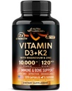 Vitamiin D3 K2 - Vitamiin D3 10000 iu & K2 kui MK-7 120 mcg - Immuunsuse ja meeleolu toetus, luude ja hammaste tervise jaoks - magneesiumi, tsingi ja C-vitamiini & B12 - väga biosaadav - valmistatud USAs, 120 kapslit