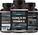 Vitamin K2 with D3 Extra Strength Supplement Bone | Heart Health Non-GMO Formula 10,000 IU Vitamin D3 & 200 mcg Vitamin K2 (MK7) | Easy to Swallow Vitamin K & D, 60 Capsules