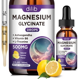 Magneesiumglütsinaadi lisand, magneesiumvedel tilgad magneesiumglütsinaadiga 500mg vitamiin B6, ashwagandha, L - Theanine, kummel - toetus stressi leevendamiseks, luu, lihased, meeleolu Vegan