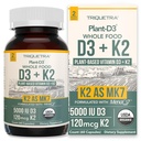 Orgaaniline taim D3 + K2 | 5000 iu D3 + 120 mcg K2 All-Trans MK7 alates MenaQ7® - 100% kogu toit, toores & vegan | täiustatud seedimine koos prebiootikumide ja supertoidu kompleksiga - D3 orgaanilistest vetikatest (60 loend)