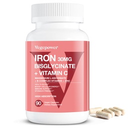 Raualisandid naistele meestele, Vegan Raud Bisglütsinaat 30mg Plus C-vitamiin, B12, foolhape - raud pillid aneemia, tervise vere ja energia toetus - õrn, kõrge imendumine, mitte-GMO - 90 kapslit