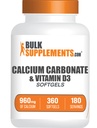 BulkSupplements.com Kaltsiumkarbonaat ja D3-vitamiini softgelid - kaltsium ja D3-vitamiin, kaltsium ja D3-lisand immuunsuse toetamiseks - gluteenivaba, 2 softgelit serveerimise kohta, 360 loend (pakk 1)