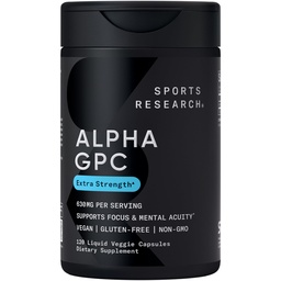 Sports Research® Alpha GPC 630mg (Extra Strength) - Bioavailable Source of Choline - Focus & Cognitive Support for Women & Men - Vegan Certified · Non-GMO · Gluten Free - 120 Liquid Capsules