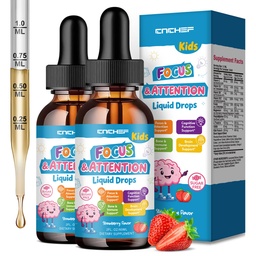Kids Focus and Attention Supplements with Phosphatidylserine, L-Theanine, Omega-3, Ginkgo Biloba, Kids Multivitamin Liquid Drops, Supports Cognitive, Memory, Calm & Mood, Strawberry, 4 Fl Oz
