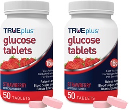 TRUEplus Glucose Tablets, Chewable, Strawberry Flavor, 15g Fast-Acting Carbohydrates, Fat Free, Gluten Free, Boost Energy, 50 Count (Pack of 2)