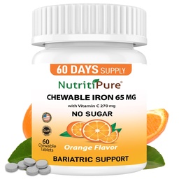 Näritav raud 65 mg koos vitamiiniga C 270 mg (naistele / meestele) |60 päeva pakkumine | Suhkruvaba- Zesty Orange Maitselisandi 60 Count
