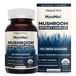 MycoMax Seenekompleks - 70% Beeta-glükaanid, Max Potency Seenelisand, US Grown + Ultraheli ekstraheerimine - Lions Mane, Cordyceps, Reishi & More - Tunnetus, immuunsus, energia - 60 kapslit