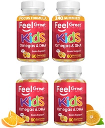 Feel Great Vitamins Omega 3 for Kids | DHA Gummies for Kids with Plant-Based Omega 3 6 9 + Vitamin C | Supports Brain, Vision & Heart Health | Vegetarian, No Fishy Taste | 60 Gummies - 4 Pack