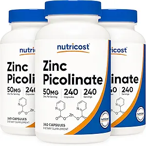 Nutrikostiin Tsink Pikolinaat 50mg, 240 Taimekapslit (3 pudelit) - Gluteenivaba ja mitte-GMO
