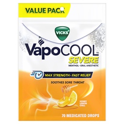 Vicks VapoCOOL Severe Medicated Sore Throat Drops, Fast-Acting Max Strength Relief, Soothes Sore Throat Caused by Cough, Powerful Vicks Vapors, Menthol, Honey Lemon Chill, 70 Count