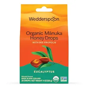 Wedderspoon Organic Manuka Honey Drops, Eucalyptus & Bee Propolis, 20 Count (4oz) (1. pakk) | Tõeline Uus-Meremaa Honey | Täiuslik abinõu kuivade ohtude jaoks