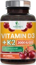 Vitamiin D3 K2 2000 RÜ Plus koos K2-ga (MK-7) 75 mcg - vitamiinid D & K komplekslisa luudele, hammastele, lihastele, kaltsiumi imendumisele, toetab immuunsüsteemi ja südame tervist, mitte-GMO närimisvorm - 180 tabletti