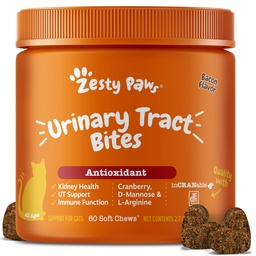 Zesty Paws Cranberry kuseteede hammustused kassidele - neerud ja kuseteede tervis - pehmed närid D-Mannoosiga, vitamiin B6 ja L-arginiin - Immuunsus ja soolestiku tugi - peekon - 60 krahv