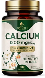 Calcium 1200 mg with Vitamin D3 - Per Serving - Bone Health Supplement - Vitamin D & Calcium Supplements for Women & Men - Bone Strength Support - Natural Calcium Pills - Bottled in USA - 180 Tablets