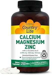 Maa elukaltsium Magneesium tsink L-glutamiinhappega, toidulisand luude toetamiseks, sertifitseeritud gluteenivaba, 1000 mg / 500 mg / 50 mg, 250 tabletti