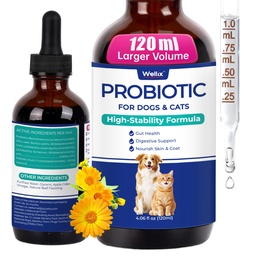 Wellix 120ml Liquid Probiotic for Cats & Dogs, Aiding Digestive Health | 8-Strain Probiotics for Cat & Dog Digestive Support, Dry Skin Relief, Stool Formation for Cats & Dogs of All Ages