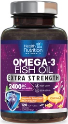 Omega 3 kalaõli 2400 mg - kolmekordne tugevus omega3, EPA & DHA rasvhapete lisand - looduslik toetus immuunsusele, südamele ja aju tervisele - looduslikult püütud, mitte-GMO, sidruni maitse, Burpless - 120 Softgels