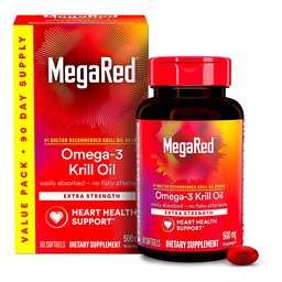 MegaRed Antarktika krillõli 500mg Omega 3 rasvhapete lisand, ekstra tugevus EPA & DHA krillõli softgelid (90cnt Box), Astaksantiin, südame tervise täiendus ilma kalaõli järelmaitseta