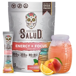 Salud 2-in-1 energiajoogi pulber + fookus, virsikulimonaat, orgaaniline kofeiin, B6 + B12, Theanine, puhta energia joogipakendid, Agua Fresca Mix, mitte-GMO, Gluteenivaba, Vegan, 1 g suhkrut, (15 serveerimist)