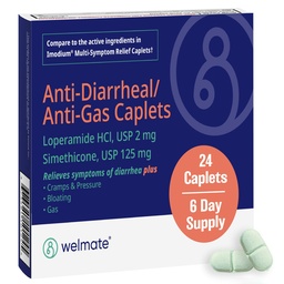 WELMATE - Anti-Diarrheal/Anti-Gas Caplets (24 Count) - Diarrhea, Gas, Bloating, Cramps - Loperamide HCl 2mg & Simethicone 125mg - OTC Medication | Fast-acting multi-symptom strength medicine caplets used to relieve diarrhea, gas, bloating, pressure, and cramps.