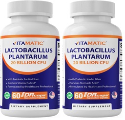 Vitamatic Lactobacillus Plantarum - 20 Billion per DR Capsule - 60 Count - Digestive Support - Made with Prebiotic Inulin Fiber (Pack of 2)