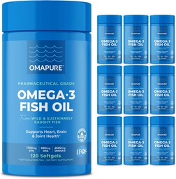 OMAPURE Wild Caught Omega-3 toidulisandid kõrge EPA & DHA (10 pudelit, 120 softgels) - Habematu valem toetab südame ja liigeste tervist, soodustab aju funktsiooni