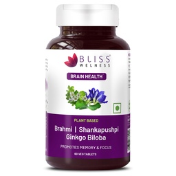 Bliss Welness Brain Booster | Memory, Focus & Concentration Support | Nootropic Supplement for Anxiety Relief & Calmness, Mood Support | Brahmi, Shankpushpi, Ginkgo Biloba & Piperine (1 Month Pack (60 Tablets))