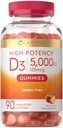 Carlyle Vitamiin D3 Gummies | 5000 iu | 90 Count | Virsikumaitseline Gummy | Suur potentsi täiskasvanutele | Taimetoitlane, mitte-GMO, gluteenivaba toidulisand