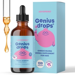 JoySpring Geenius tilgad - orgaaniline fookustilgad lastele | Kliiniliselt tõestatud fookuse täiendus aitab lastel koolis paremini toime tulla | Vedelad taimsed toidulisandid Ginkgo Biloba (4 fl oz) 120 Servings