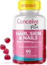 CONCEIVE PLUS Hair Skin & Nails Gummies - ekstra-tugev biotiin, VIT A, C, D3, E vitamiinid - Vegan, juuste kasvu täiendada - želatiin-vaba - 60 loend