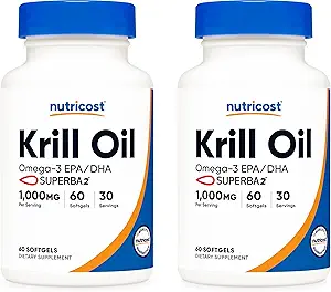 Nutricost Krill Oil 1000mg; 60 Vedel Softgels (2 pudelit) - Omega-3 EPA-DHA
