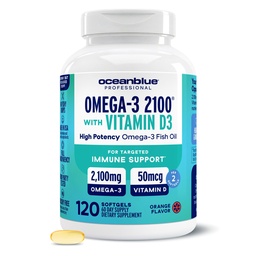 Oceanblue Professional Omega-3 2100 vitamiin D3 - 120 ct - kolmekordne tugevdus Burpless kalaõli lisandiga kõrge tugevusega EPA, DHA, DPA ja vitamiin D3 - looduslikult püütud - oranž maitse (60 serveerimist)