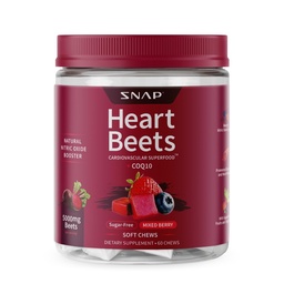 Snap Supplements Heart Beets Orgaaniline peedi juure pehmed närid, südame-veresoonkonna tugi toidulisand meestele ja naistele, CoQ10 ja punane Spinach, südame tervise ja tsirkulatsiooni tugi, suhkruvaba, segatud marja, 60 närimist