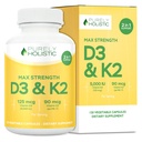 Puhtalt Holistlik Vitamiin D3 125mcg ja Vitamiin K2 90mcg MK7-4 Kuu Tarne 150 Taimekapslit - Vitamiin D3 & K2 Menaqunione - USA-s valmistatud kõrge tugevusega kolekaltsiferool