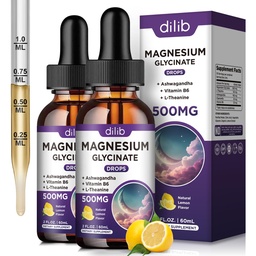 Magneesiumglütsinaadi lisand, magneesiumvedel tilgad magneesiumglütsinaadiga 500mg vitamiin B6, ashwagandha, L - Theanine, kummel - Stressi leevendamine, luu, lihased, meeleolu Vegan (2. pakk)