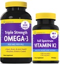 InnovixLabs Vitamin K2 & Triple Omega Bundle Full Spectrum Vitamiin K2 (90 Softgels) Kolmekordne Tugevus Omega-3 Kalaõli (200 Softgels). Toetab tervislikke luid, artereid ja liigeseid. *