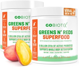 GOBIOTIX Super Greens and Reds Powder - Red and Green Superfood - Probiootiline täiendus - Seedeensüümid ja peedi juurepulber - Orgaaniline kogu toidu toidulisand (Mango, 2 Pack)