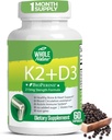 K2 D3 vitamiinilisandi bioperiiniga - vegankaltsium vitamiinidega K ja D - Advanced D3K2 VIT 5000 RÜ - 60 Vegan D3 Plus K2 MK-7 komplekssed toitumiskapslid südame ja luu tervise jaoks (1