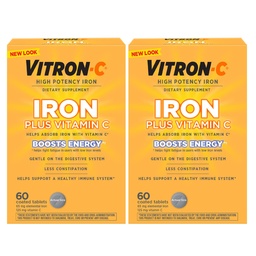 Vitron-C raualisand, üks kord päevas, kõrge potentsiga raud Plus C-vitamiin, punaste vereliblede tootmine, värvivabad tabletid, 60 loend, 2 pakendit