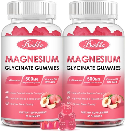(2 Pack) Magneesium Glütsinaat Gummies-Magnesium Glycinate 500mg, Magneesium Complex Supplement koos kaaliumi, Vitamiin D, B6 Calm, Sleep & Stress Relief-Sugar Free, 120 Virsik Magneesium Gummies