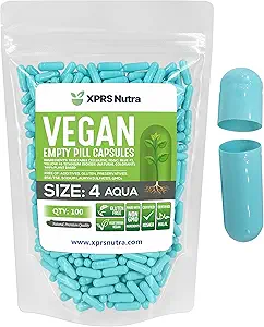 XPRS Nutra suurus 4 Tühjad kapslid - 100 loe väikesed tühjad vegankapslid - taimetoitlased pillid DIY köögiviljakapslid - Täidetavad tee-seda-ise Veggie kapslid (Aqua)