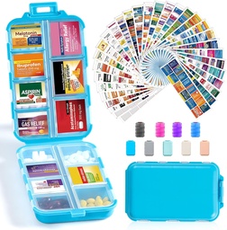 14 Grids Travel Pill Korraldaja Karp 415-Pcs Ravimi nimetus Sildid - Tasku Daily Pharmacy Case Container Kit - Reisiravimite hoidja Fish Oil Vitamin Supplement Hoidla - Sinine
