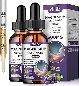 (2 Pack) Magneesiumglütsinaat Vedelik tilgad 500mg , vitamiin B6 , ashwagandha , L - Theanine , kummel , magneesiumglütsinaadi lisand Suur imendumine une, stressi, energia meeleolu - viinamarjamaitse