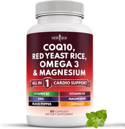 NEW AGE COQ10 200mg punane pärmi riis, oomega 3, magneesiumkompleks, tsinkvitamiin K2 D3 - südame tervise tugivitamiinid naistele ja meestele vitamiin B3, koensüüm Q10-60 loe